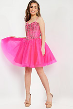 Model wearing Jovani K62533 fuchsia dress with sweetheart neckline holding the skirt.