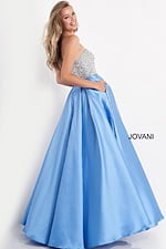 Back view of model in Jovani K66689 sky blue gown