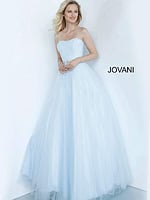 Model wearing Jovani K66712 blue ball gown with sweetheart neckline.