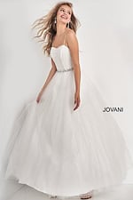 Model wearing Jovani K66712 white ball gown with sweetheart neckline.