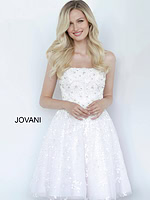 Full-length view of Jovani K68026 white strapless dress with floral details.