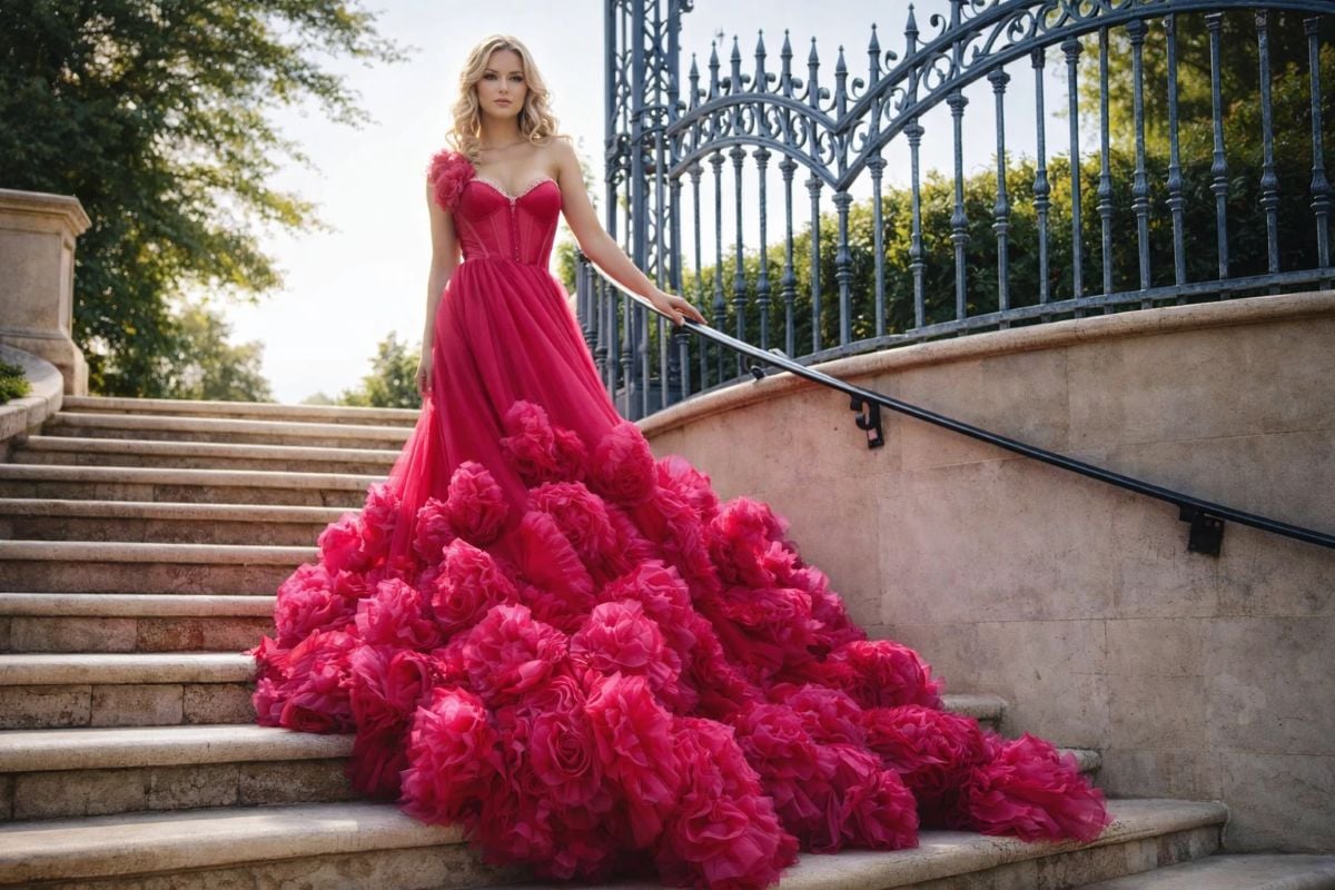 Fuchsia strapless evening gown with a voluminous ruffled skirt