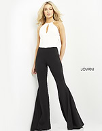Model wearing Jovani M02807 jumpsuit, stylish front view.