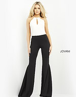 Model wearing Jovani M02807 jumpsuit, front view with sleek silhouette.