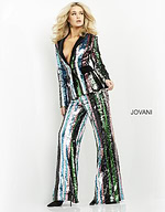 Model wearing Jovani M02942, showcasing front view of the multi-colored sequin suit.