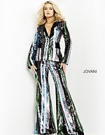 Model in Jovani M02942, a shining multi-colored sequin pantsuit with flared trousers.