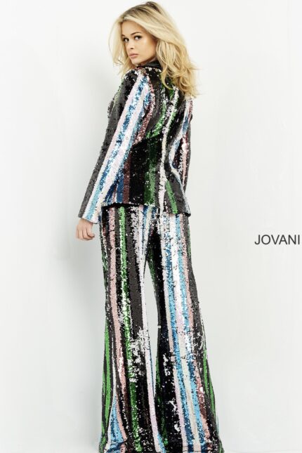 Back view of model in Jovani M02942, highlighting the detailed sequin pattern.
