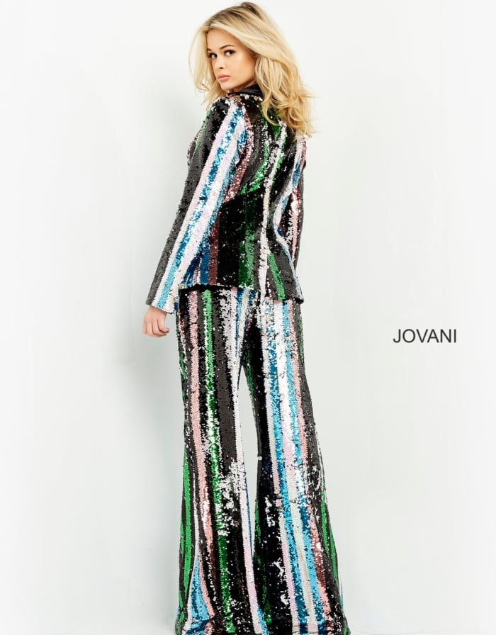 Back view of model in Jovani M02942, highlighting the detailed sequin pattern.