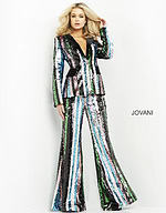 Model in a frontal pose wearing Jovani M02942, a sparkly multi-colored pantsuit.