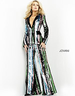 Model showcasing Jovani M02942, capturing the full length and shine of the pantsuit.