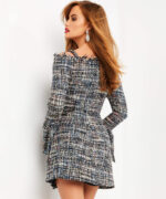 Model wearing Jovani M03273 multi-color tweed mini dress with off-shoulder neckline and fringed details, back view.