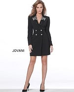 Model wearing Jovani M03416 black dress, front view, showcasing elegant embellishments.