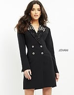 Model wearing Jovani M03416 black dress, close-up front view highlighting embellishments.