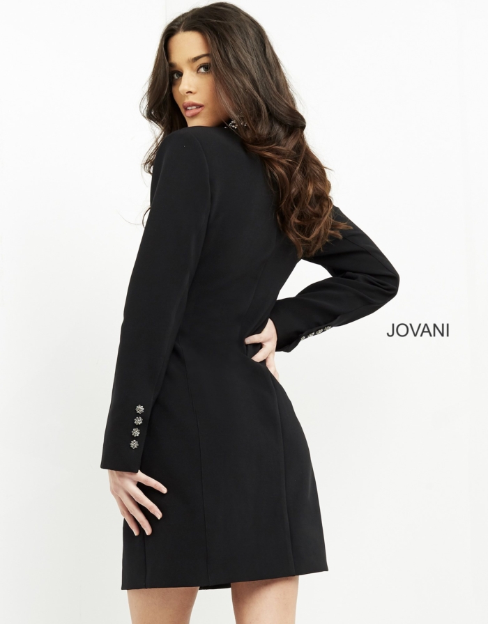 Model wearing Jovani M03416 black dress, back view, showcasing sleek design.