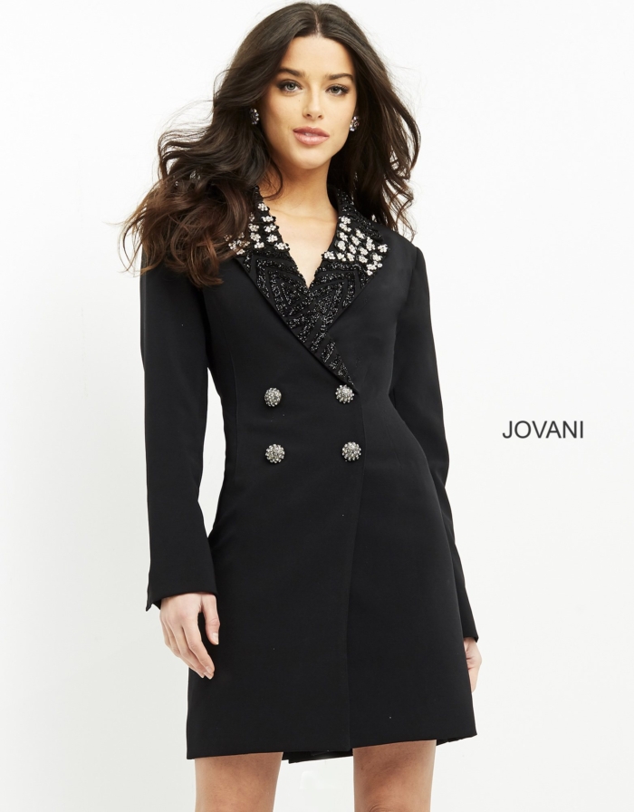 Model wearing Jovani M03416 black dress, front view, highlighting ornate buttons.
