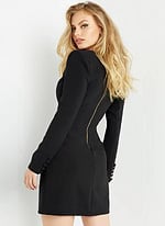 Model wearing Jovani M03460 black dress showing back view with zipper detail.