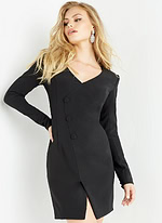 Model wearing Jovani M03460 black dress with v-neckline and long sleeves, slightly angled front view.