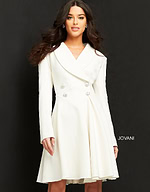 model wearing Jovani M04302 off-white dress showcasing a V-neckline