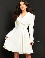 model wearing Jovani M04302 off-white dress with a stylish front view