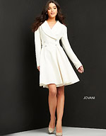 model wearing Jovani M04302 off-white dress with a V-neckline and full front view
