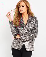 Model wearing Jovani M04827 multi-colored sequin blazer, alternative front view.