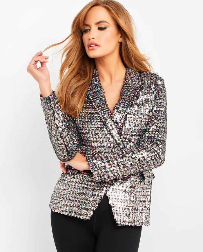 Model wearing Jovani M04827 multi-colored sequin blazer, alternative front view.