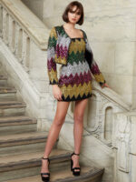 Model in Jovani M05037 zigzag pattern dress.