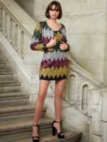 Full view of model in Jovani M05037 multi-color sequin dress.