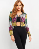 Stylish model in Jovani M05037 multi-color dress.