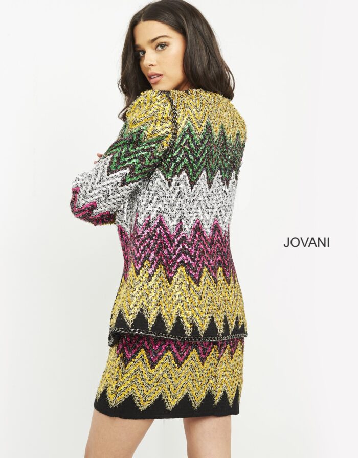 Model showing back of Jovani M05037 multi-color sequin dress.
