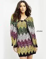 Model wearing Jovani M05038 vibrant sequin mini dress front view.