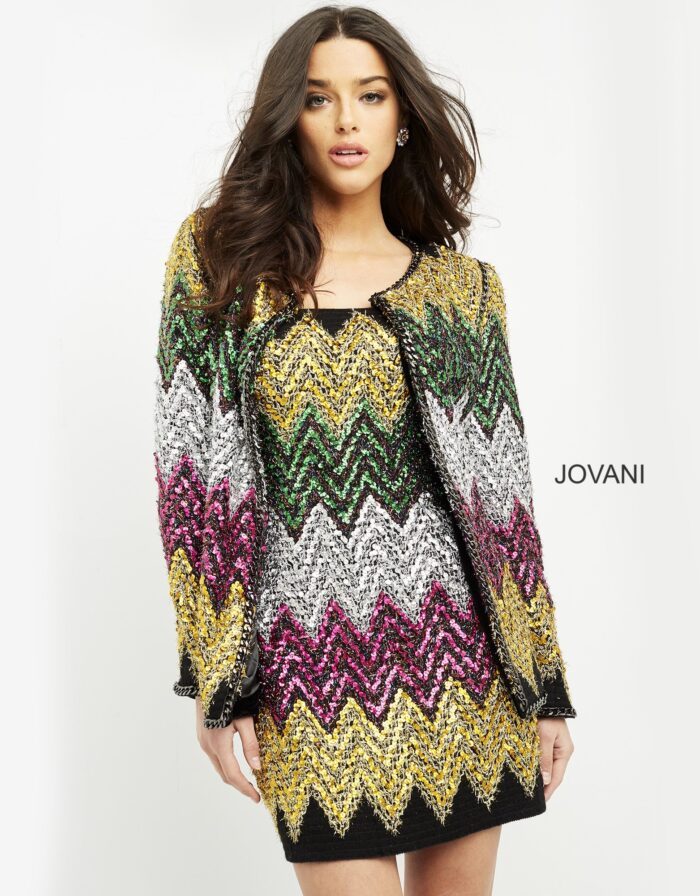 Model wearing Jovani M05037 multi-color sequin mini dress with bold pattern.