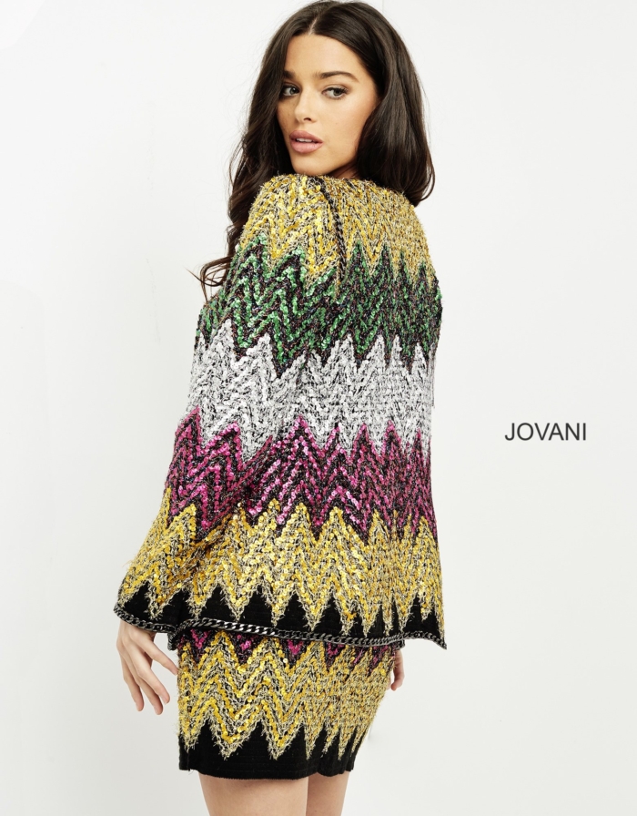Model wearing Jovani M05038 multi-color zigzag sequin dress back view.
