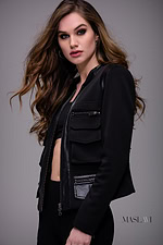 model wearing M116 front view with stylish zippered details on sleeves