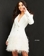 Close-up of Jovani M1262 ivory dress with feather trim and blazer details.
