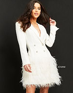 Jovani M1262 ivory dress with long sleeves and feathered skirt.