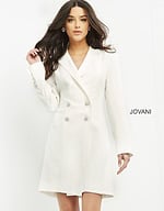 Model showcasing Jovani M1265 ivory dress with elegant long sleeves and a classic cut.