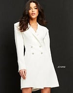Model in Jovani M1265 ivory dress with a classy double-breasted design.