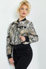 Close-up of Jovani M51288 multi-colored floral bomber jacket, highlighting the design.