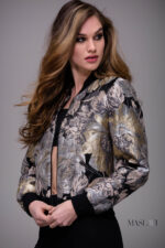 Model wearing Jovani M51288 multi-colored floral bomber jacket, alternative front view.
