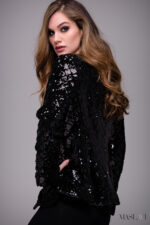 【KAREN MILLEN】メタリック ジャカード テーラード ミディ Black Sequined Ready to Wear Blazer M52083 | Jovani