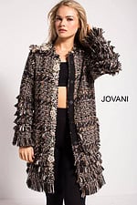 Model showcasing Jovani M54805 coat with intricate textures and embellishments from the front