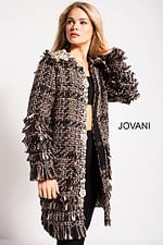 Jovani M54805 coat shown from a frontal perspective, featuring detailed embellishments