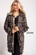 Model wearing Jovani M54805 luxurious multi-colored bouclé coat from the front angle
