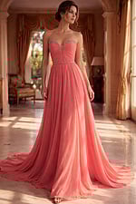 Sophisticated coral prom dress with a sweetheart neckline, delicate beaded accents, and a classic A-line silhouette.
