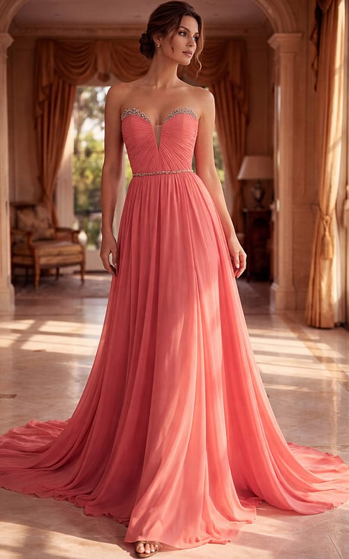 Sophisticated coral prom dress with a sweetheart neckline, delicate beaded accents, and a classic A-line silhouette.