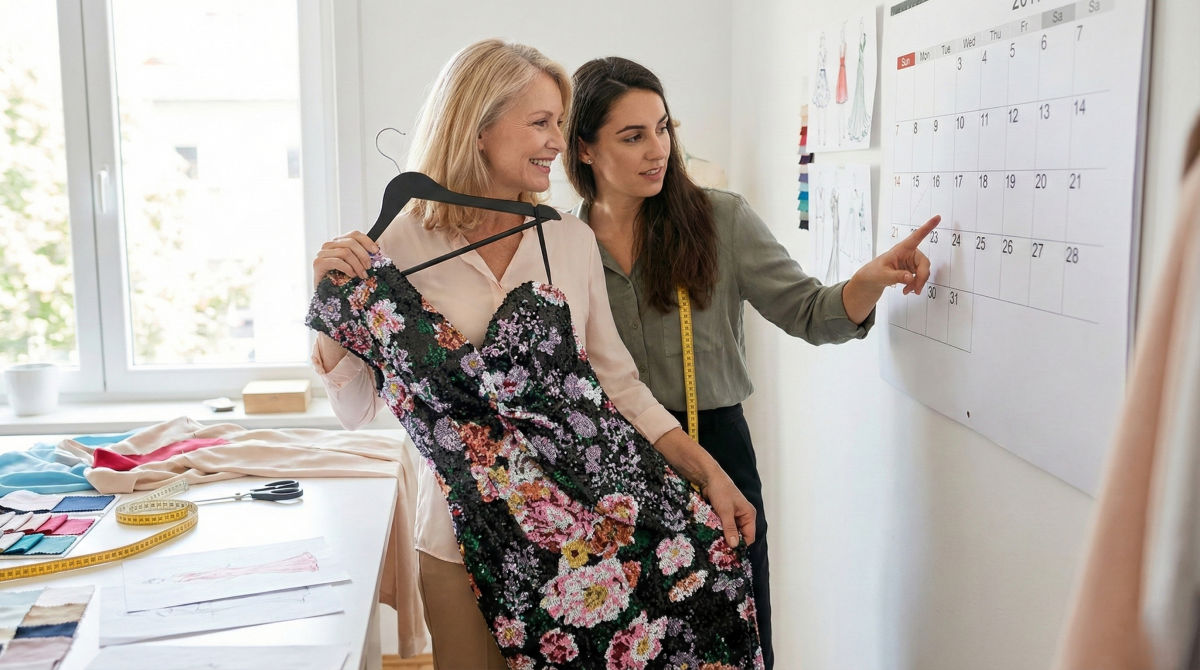 Mother of the bride consulting with a tailor about alterations timeline using a calendar.