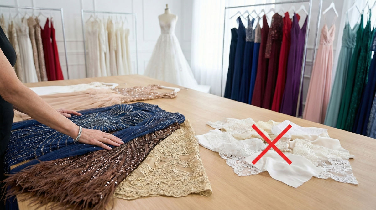 Mother of the bride wearing a stylish navy blue evening dress, demonstrating proper color etiquette.