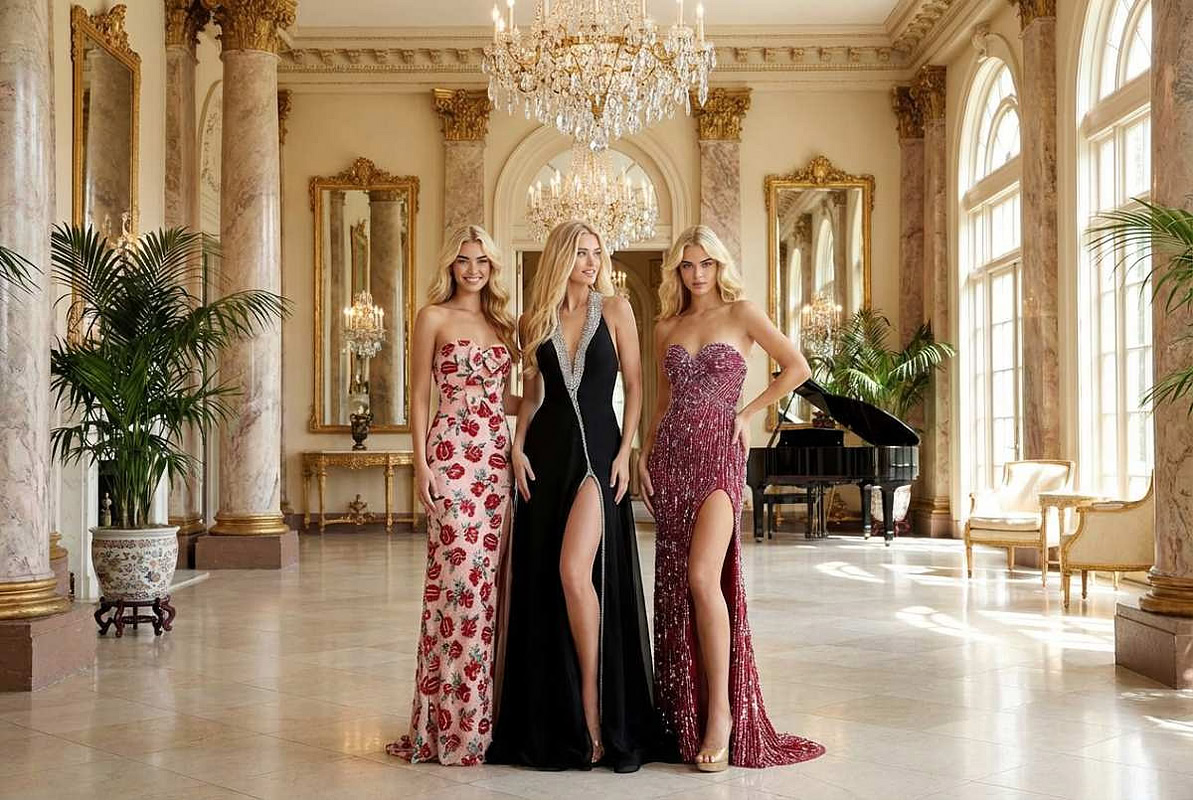 Elegant prom styles including pink floral, black deep-V, and burgundy sequin gowns in a grand hall.