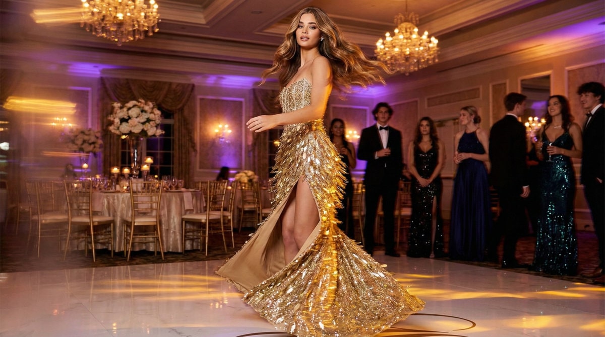 Woman posing in a sparkling gold prom dress at a formal party